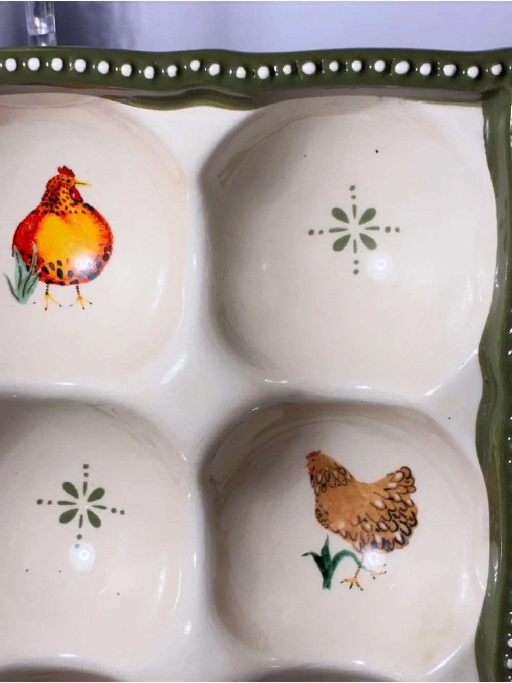 Cream & Green Ceramic Egg Serving Tray with Rooster Motif